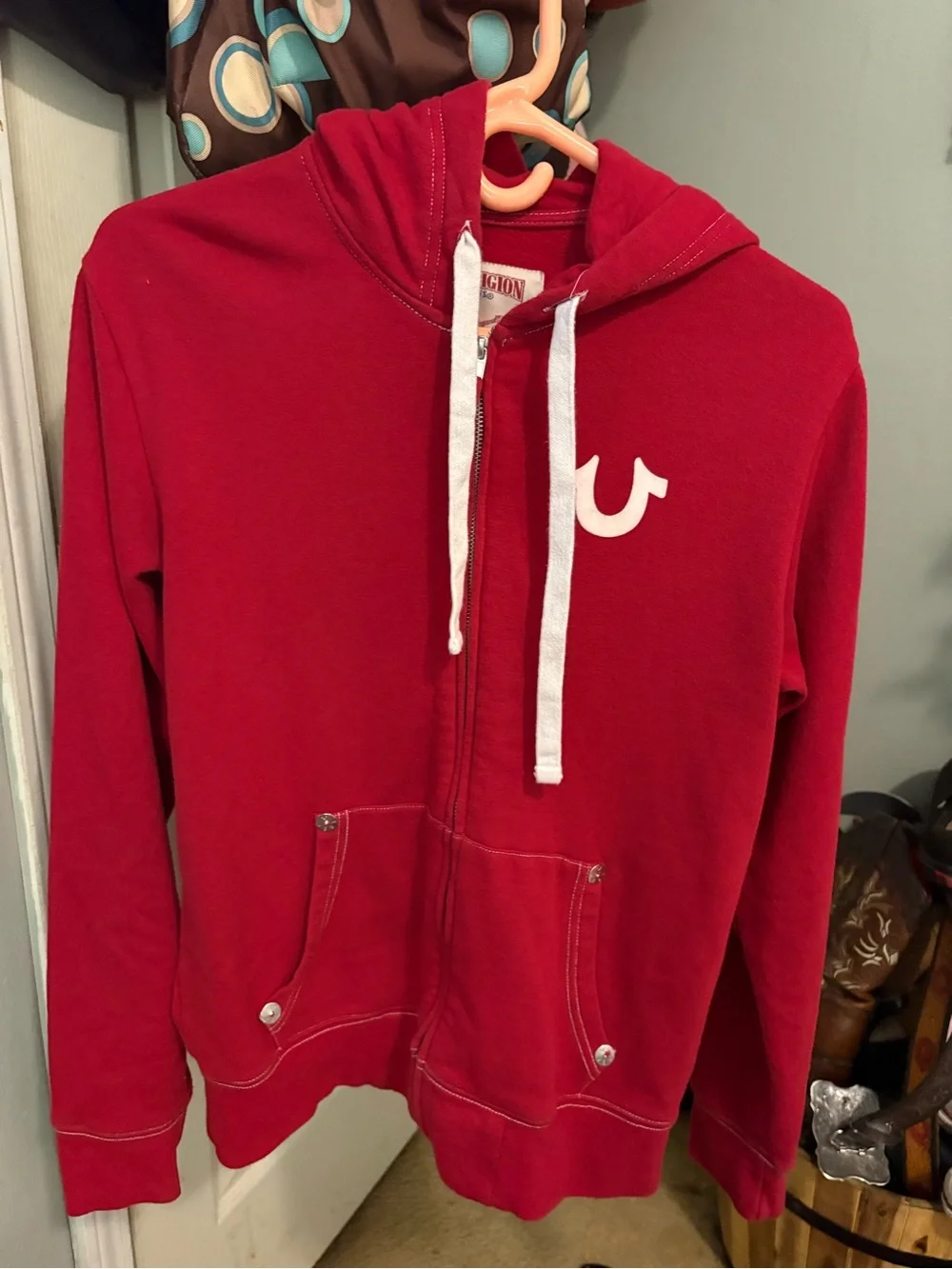 True Religion Red Zip Hoodie with White Drawstrings